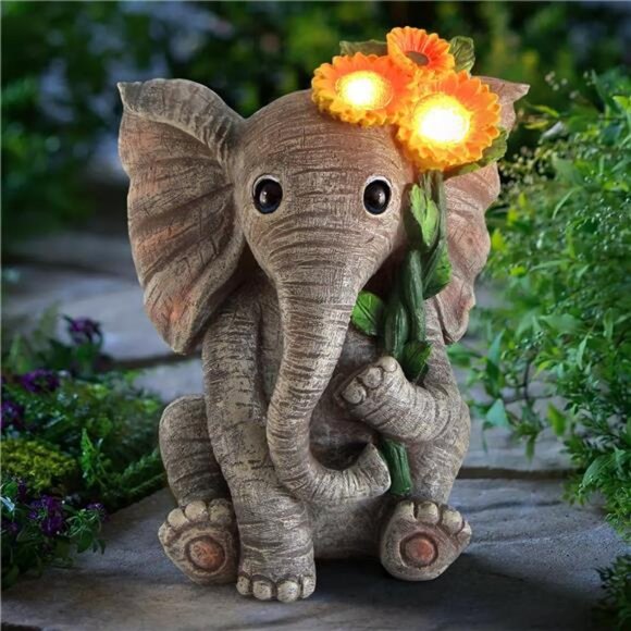 Outdoor Sculpture Figurine Statue Elephant Decor, Solar Garden Statues - Picture 1 of 7